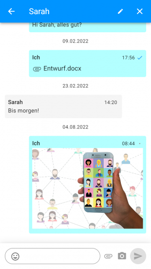 Unite App Chat Feature: Zum Senden von Text- und Bildnachrichten, Emojis und Dateien
