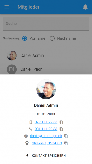 Unite App Kontakte Feature: Detailansicht User-Profil